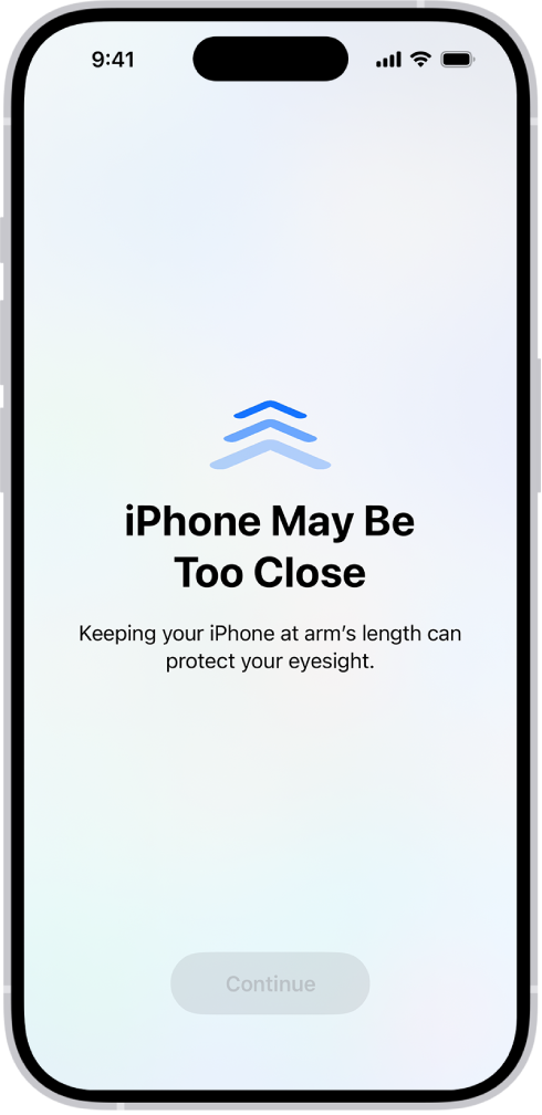 ਸਕਰੀਨ ’ਤੇ ਇਹ ਚੇਤਾਵਨੀ ਕਿ ਤੁਸੀਂ iPhone ਨੂੰ ਦੇ ਬਹੁਤ ਨੇੜੇ ਤੋਂ ਫੜ੍ਹ ਰਹੇ ਹੋ ਅਤੇ ਆਪਣੀ ਦ੍ਰਿਸ਼ਟੀ ਨੂੰ ਰੱਖਿਅਤ ਰੱਖਣ ਲਈ ਤੁਹਾਨੂੰ ਇਸ ਨੂੰ ਹੋਰ ਦੂਰ ਕਰਨਾ ਚਾਹੀਦਾ ਹੈ। ਚੇਤਾਵਨੀ ਤੁਹਾਨੂੰ ਜਾਰੀ ਰੱਖਣ ਤੋਂ ਰੋਕਦੀ ਹੋਈ ਸਕਰੀਨ ਨੂੰ ਕਵਰ ਕਰਦੀ ਹੈ। ਇੱਕ “ਜਾਰੀ ਰੱਖੋ” ਬਟਨ ਹੈ ਜੋ ਉਦੋਂ ਕਿਰਿਆਸ਼ੀਲ ਹੋ ਜਾਂਦਾ ਹੈ ਜਦੋਂ ਤੁਸੀਂ ਆਪਣੇ iPhone ਨੂੰ ਇੱਕ ਸੁਰੱਖਿਅਤ ਦੂਰੀ ’ਤੇ ਮੂਵ ਕਰ ਲੈਂਦੇ ਹੋ।