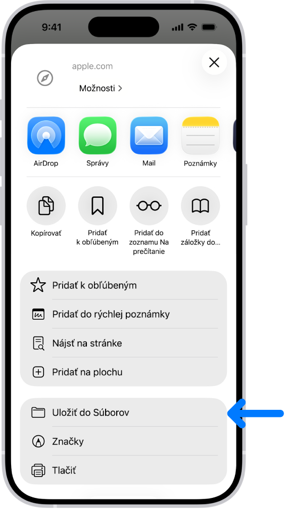 V Safari sa po klepnutí na tlačidlo Zdieľať v PDF súbore objavil v blízkosti dolného okraja obrazovky zoznam možností obsahujúci okrem iného možnosť Uložiť do Súborov.