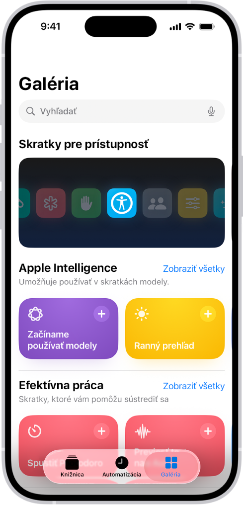 Obrazovka Galéria v apke Skratky s vyhľadávacím poľom v hornej časti. Nižšie sú tri galérie: Shortcuts for Accessibility, Get Stuff Done a Quick Shortcuts. V spodnej časti obrazovky sú tlačidlá Skratky, Automatizácia a Galéria. Tlačidlo Galéria je vybrané.