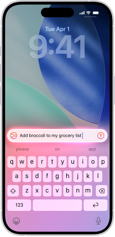 iPhone, ki prikazuje tipkovnico na zaklenjenem zaslonu. Na vrhu tipkovnice se prikaže zahteva za Siri.