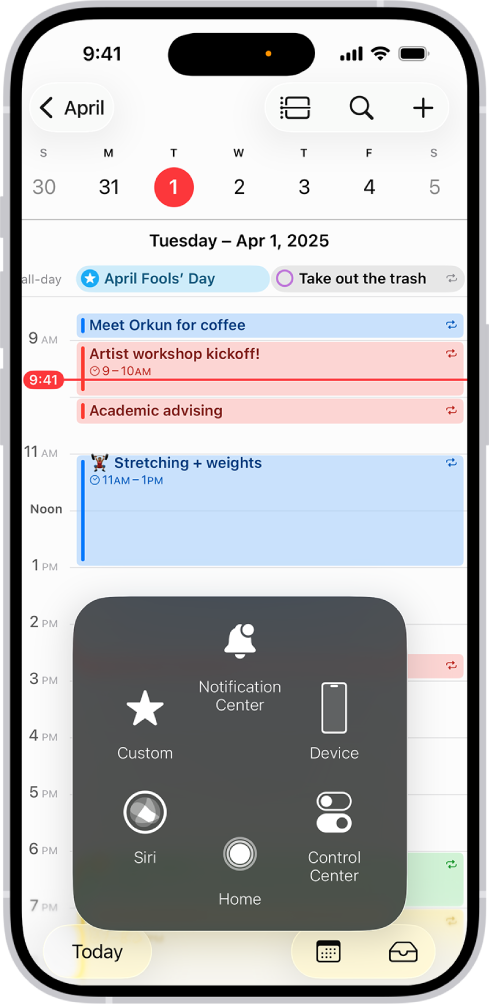 Një iPhone me menynë AssistiveTouch të dukshme, që tregon kontrollet për Notification Center, Device, Control Center, Home, Gestures dhe Custom.
