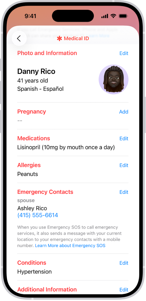 Екран функције Medical ID који садржи информације које укључују датум рођења, лекове, алергије, контакте за хитне случајеве и медицинска стања.
