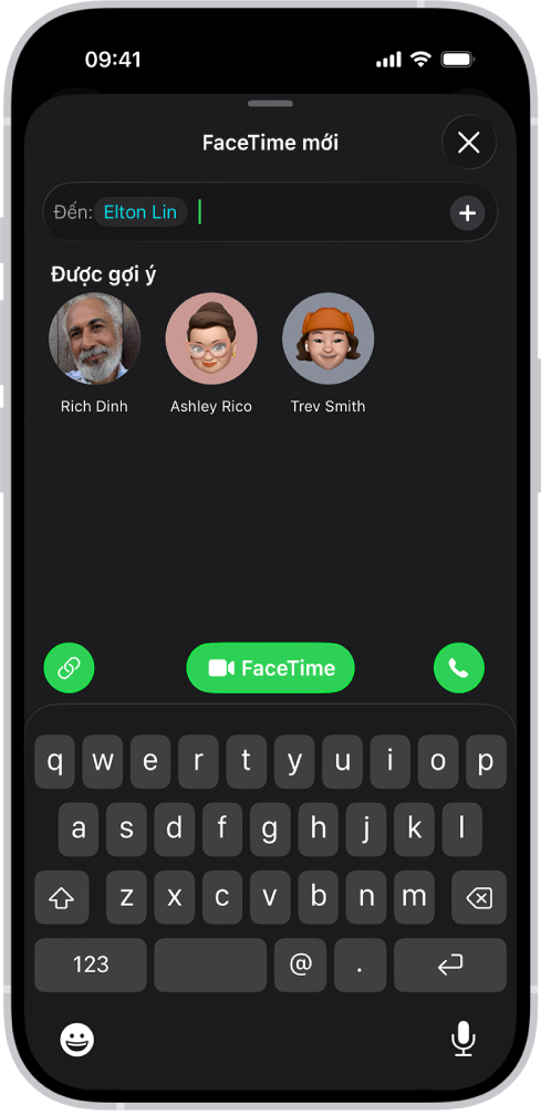 Màn hình để bắt đầu cuộc gọi FaceTime, đang hiển thị nút Tạo liên kết và nút Cuộc gọi mới để bắt đầu cuộc gọi FaceTime video hoặc âm thanh.