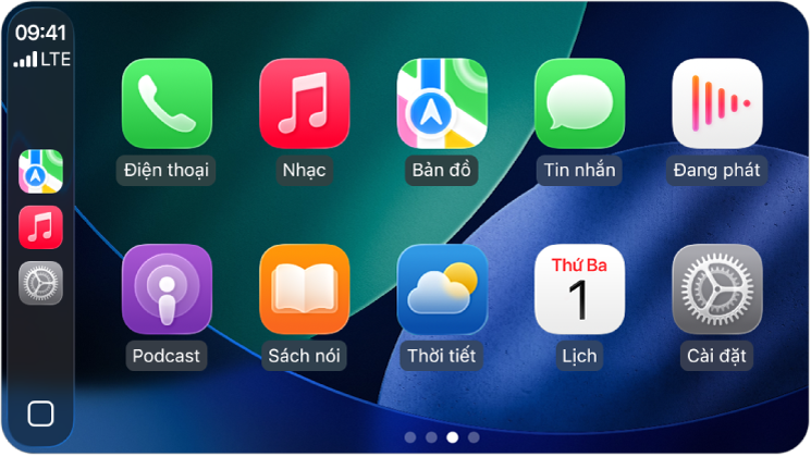 Một Màn hình chính CarPlay đang hiển thị Bản đồ, Nhạc và Tin nhắn trong Thanh bên. Ở bên phải là Sách nói, Lịch, Bản đồ, Tin nhắn, Nhạc, Đang phát, Điện thoại và Podcast.
