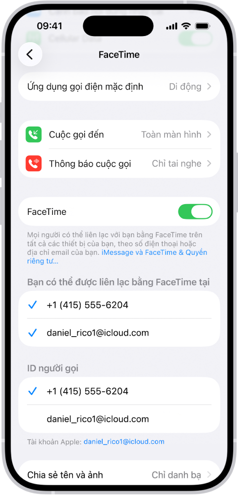 Màn hình Cài đặt FaceTime, đang hiển thị tùy chọn Ứng dụng gọi điện mặc định, điều khiển để bật hoặc tắt FaceTime và Tài khoản Apple đang được sử dụng cho FaceTime.