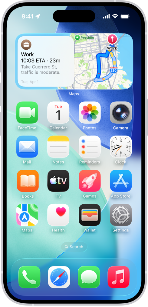 iPhone 主畫面上的「地圖」小工具、其他小工具和 App 圖像。