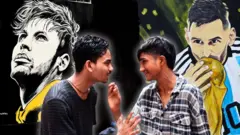 পেছনে দেয়ালে ফুটবল তারকা নেইমার ও মেসির ছবির সামনে দুই সমর্থকের তর্ক
