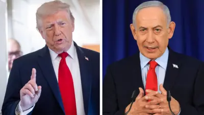 Коллаж тасвирда чап томонда АҚШ президенти Дональд Трамп мухбирлар билан суҳбатлашаётган пайтда бармоғини юқори кўтариб турган ҳолда кўринган. У костюм, кўйлак ва галстук таққан. Ўнг томонда эса Исроил бош вазири Биньямин Нетаньяҳу матбуот анжуманида сўзлаётган вақтида бармоқларини чалиштириб ўтирган ҳолда тасвирланган. У ҳам костюм, кўйлак ва галстукда.