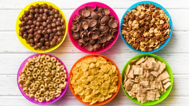 Bowls of factory-made breakfast cereals