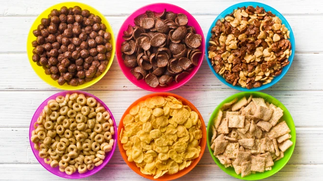 Bowls of factory-made breakfast cereals