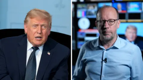 Split screen of Trump in a dark suit and BBC correspondent in a blue shirt in a studio.