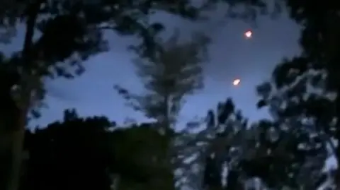 Two bright lights seen through trees in the night sky