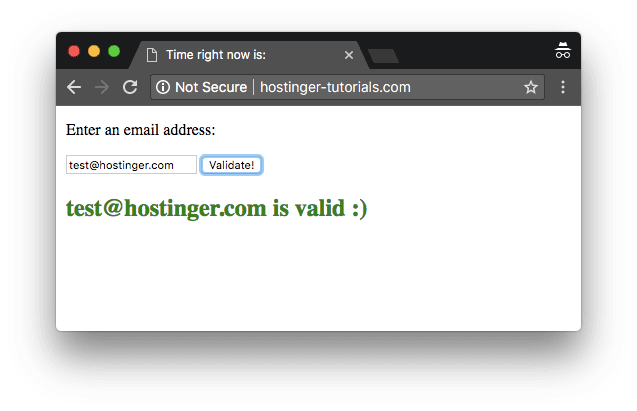 Example of how to add JavaScript to HTML and validate email successfully