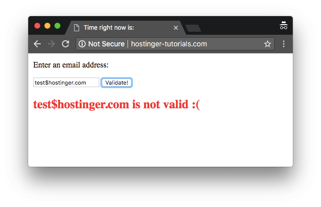Example of how to add JavaScript to HTML and validate email unsuccessfully