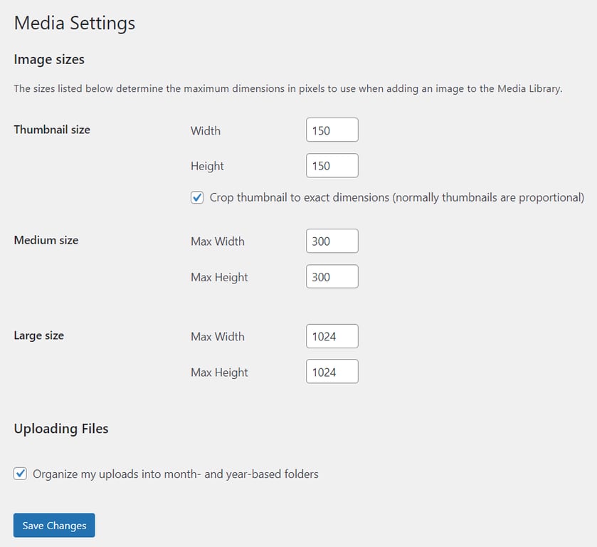 The WordPress Image Sizes settings.