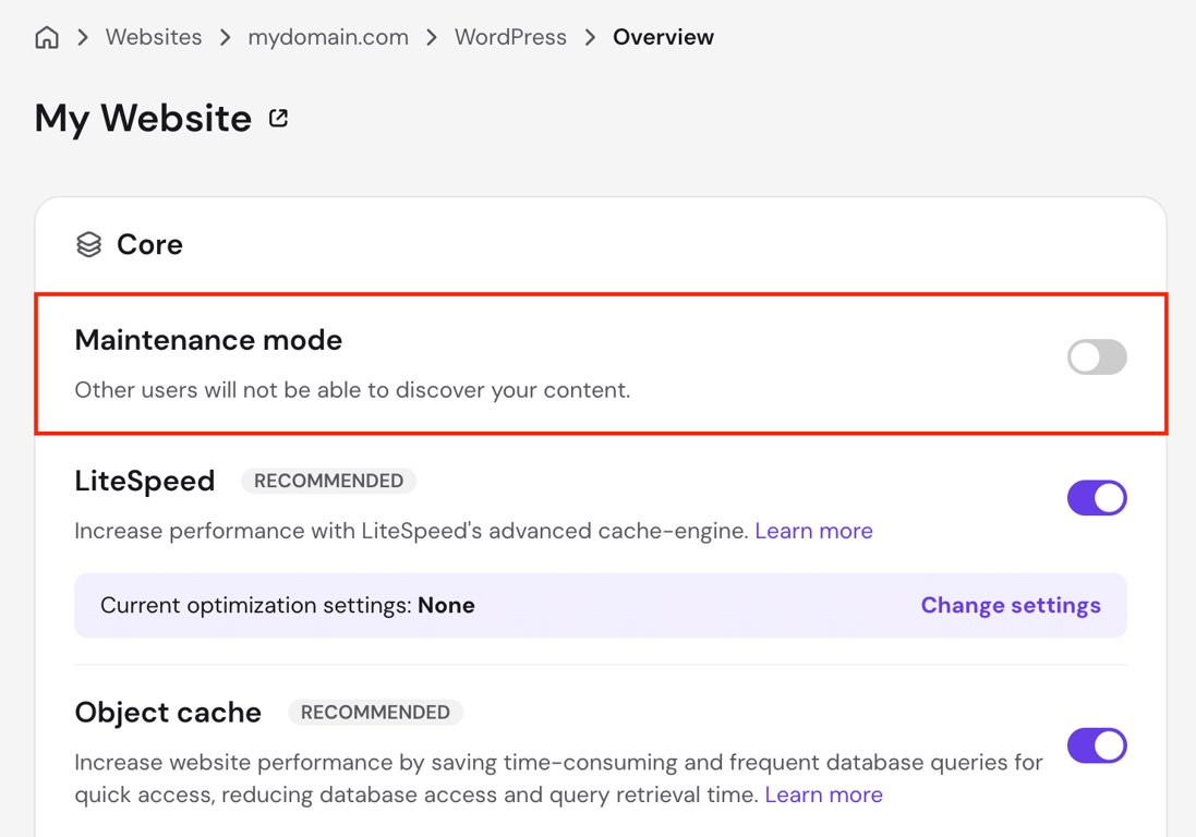 WordPress maintenance mode's option in hPanel