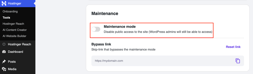 The Maintenance mode option in Hostinger Tools