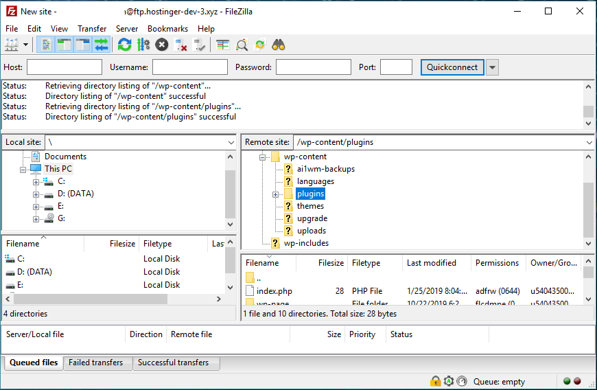 FileZilla FTP client interface while uploading a WordPress plugin file