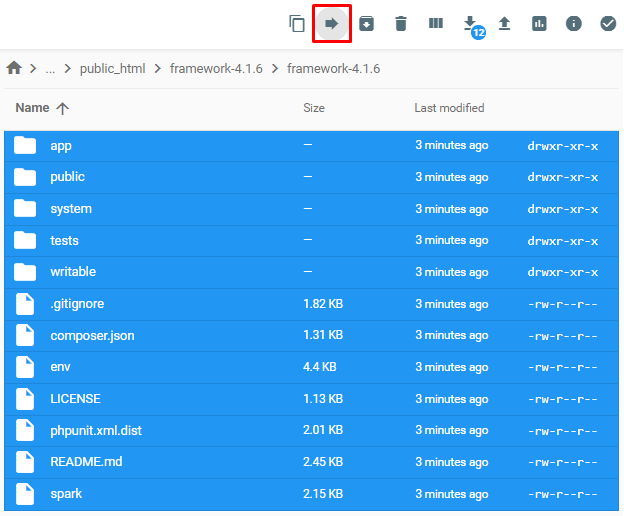 All of the CodeIgniter files selected with the red border indicating the move button