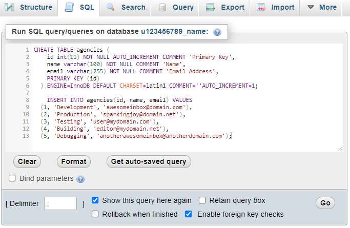 An example query pasted to the phpMyAdmin SQL section. The application will sort out the pasted entries from highest to lowest
