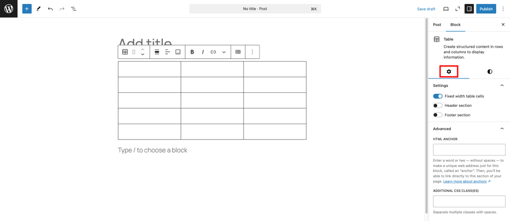 Gutenberg block settings