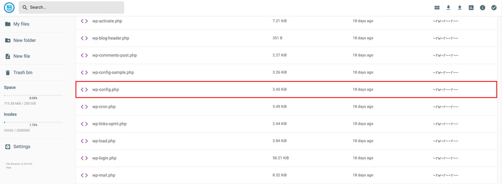 The content of root directory, highlighting wp-config.php