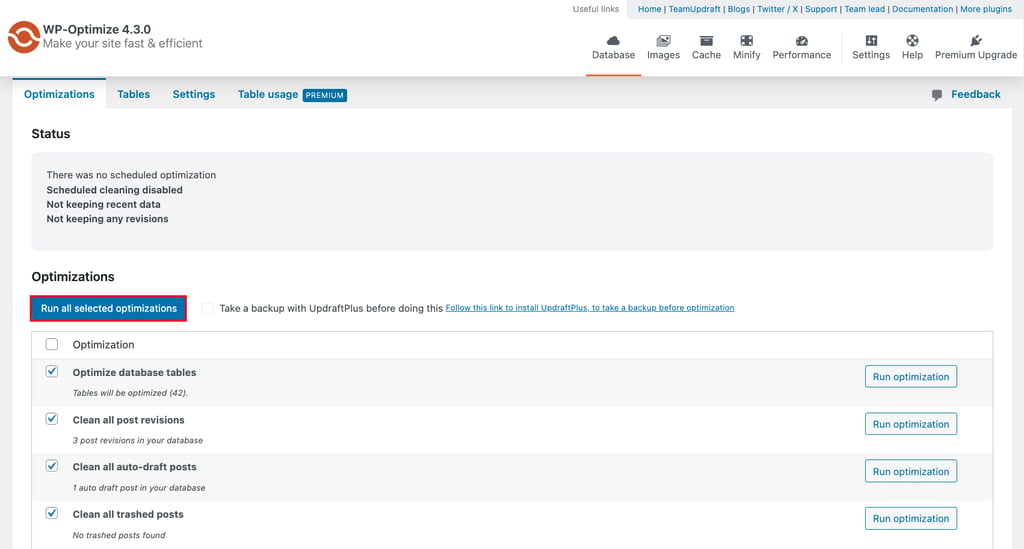 WP-Optimize menu in WordPress, highlighting the button to execute selected optimizations