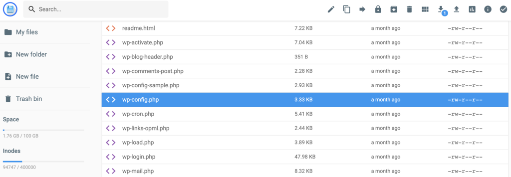 public_html folder showing the wp-config.php file