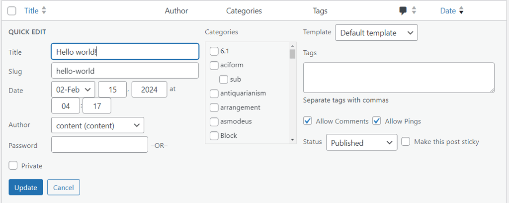 Editing options when users click the Quick Edit button