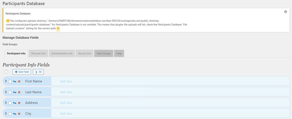 The Participant Database plugin's interface to manage database field