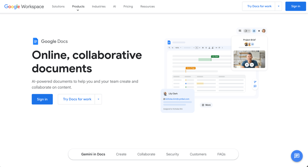 Google Docs landing page