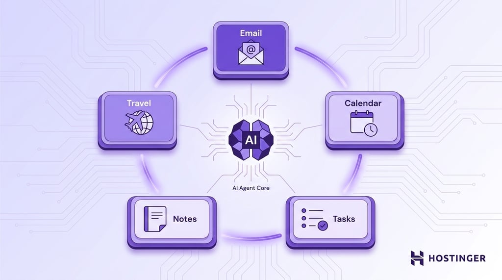 llustration showing a personal productivity AI agent ecosystem. A central AI core node connects via glowing arc lines to five rounded productivity modules — Email, Calendar, Tasks, Notes, and Travel — arranged in an orbital layout.
