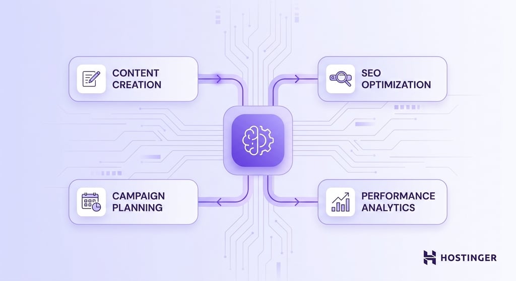 illustration showing a modular AI agent ecosystem with interconnected nodes representing key marketing functions — content creation, SEO optimization, campaign planning, and website performance analytics