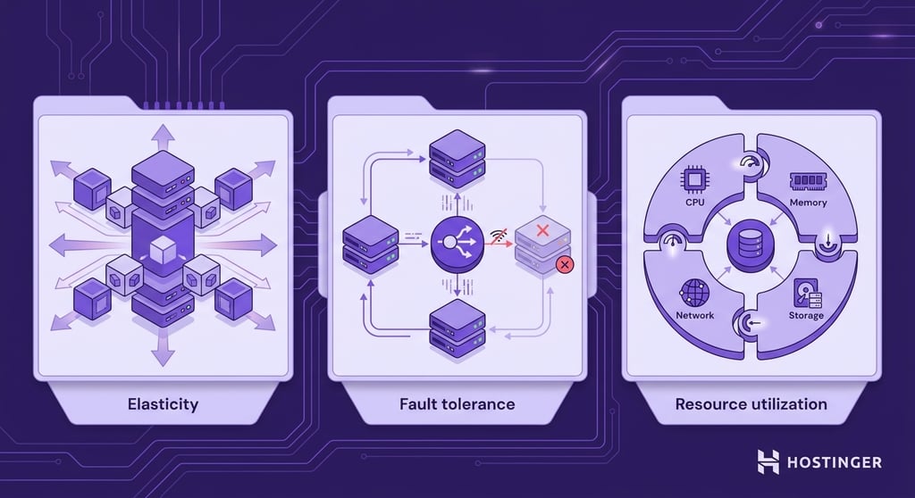 illustration showing three modular system panels representing the key characteristics of scalable web applications: elasticity, fault tolerance, and efficient resource utilization.
