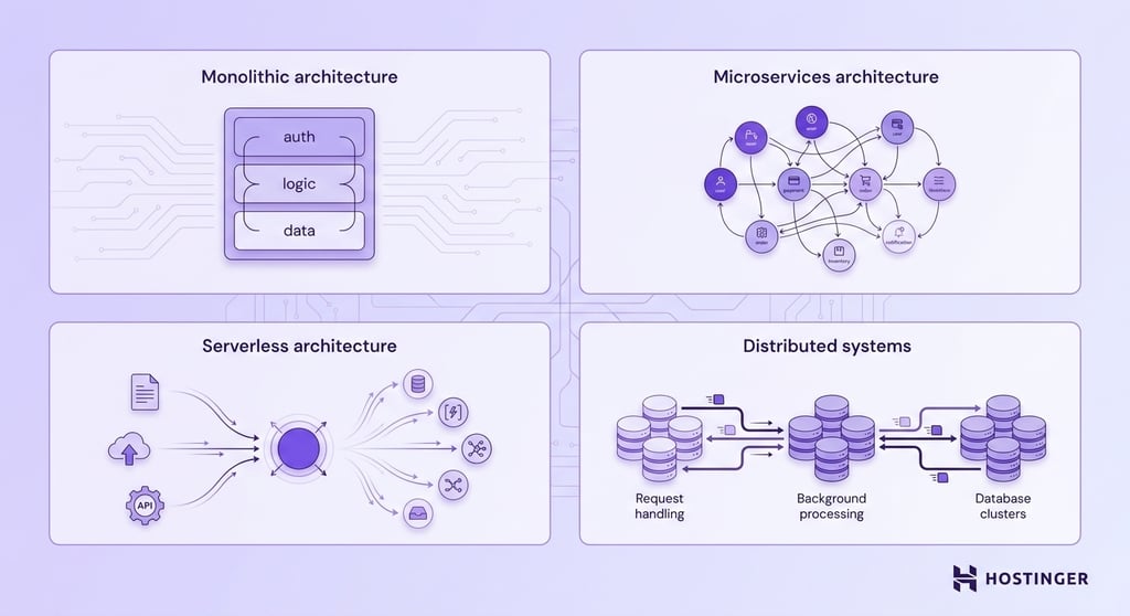 Comparison diagram showing four software architecture models: monolithic architecture with a single application stack for authentication, logic, and data; microservices architecture with interconnected independent services; serverless architecture routing inputs to cloud functions and services; and distributed systems separating request handling, background processing, and database clusters across multiple nodes.
