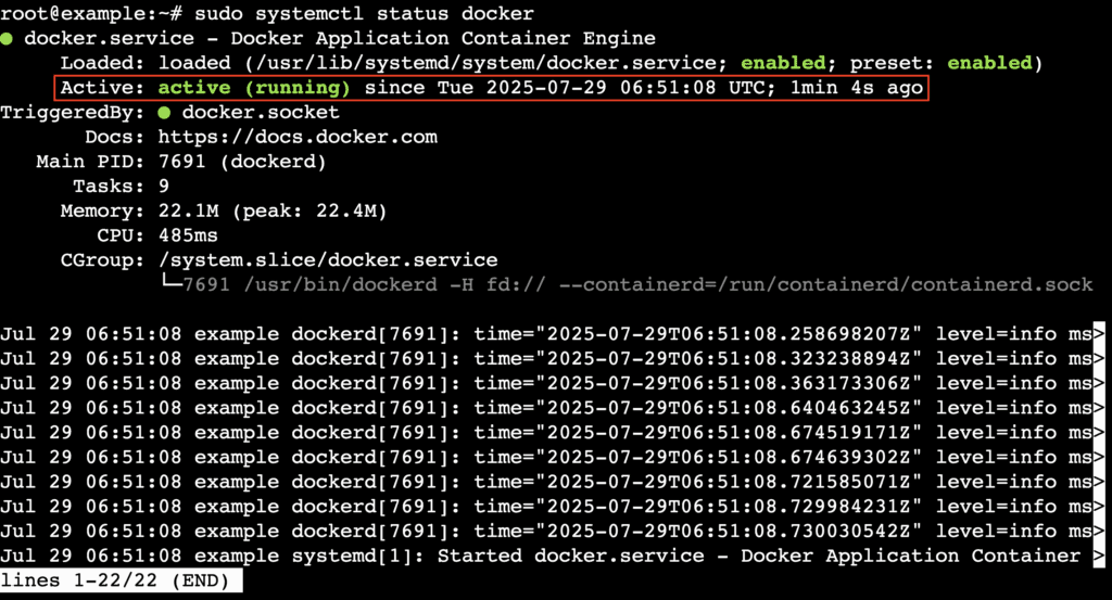 L'output del terminale mostra che il servizio Docker è attualmente attivo e in esecuzione