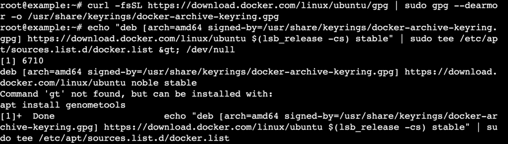 L'output del terminale mostra il processo di download della chiave GPG di Docker utilizzando curl