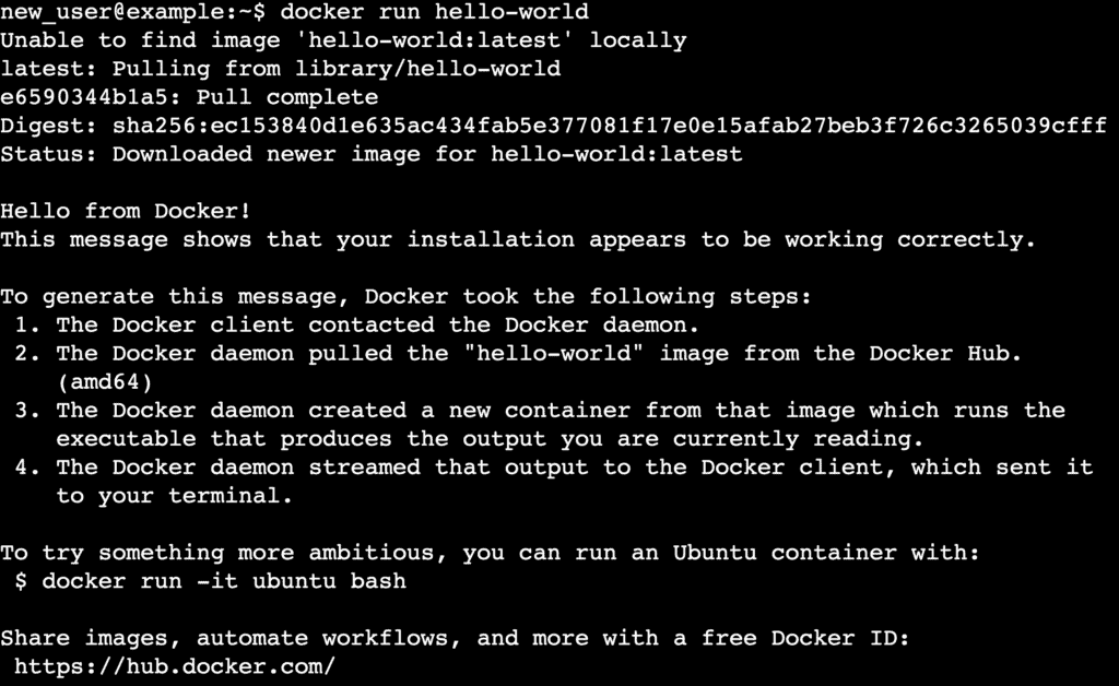 L'output del terminale mostra che un utente non root può eseguire un semplice comando Docker
