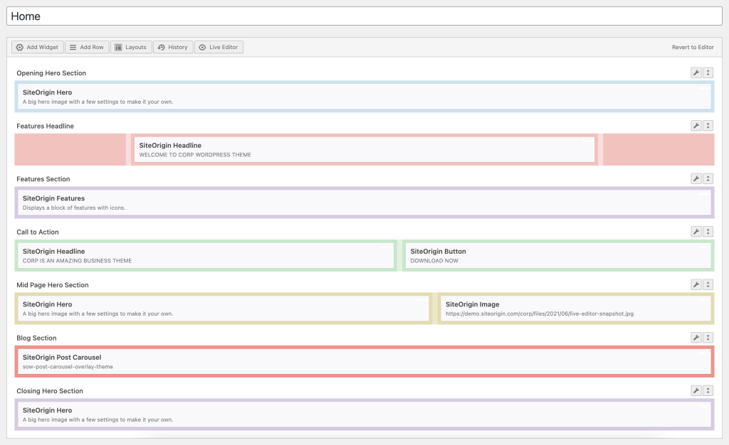 SiteOrigin Page Builder Editor-Oberfläche