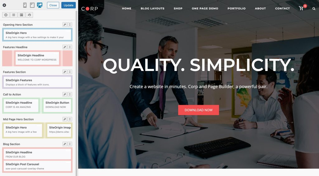 SiteOrigin Page Builder Live-Editor-Oberfläche