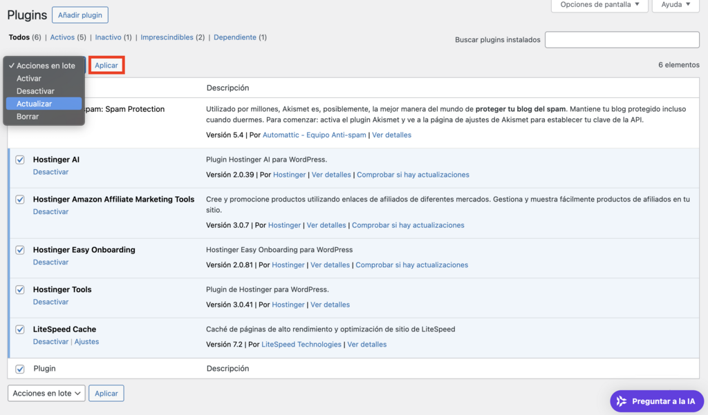 Sección de plugins en WordPress