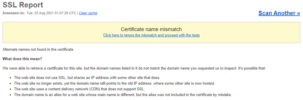 Error Certificate name mismatch en el reporte SSL