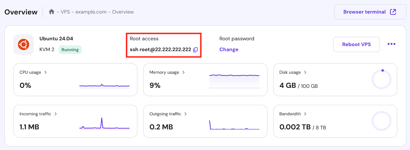 The SSH access command on hPanel's VPS overview menu