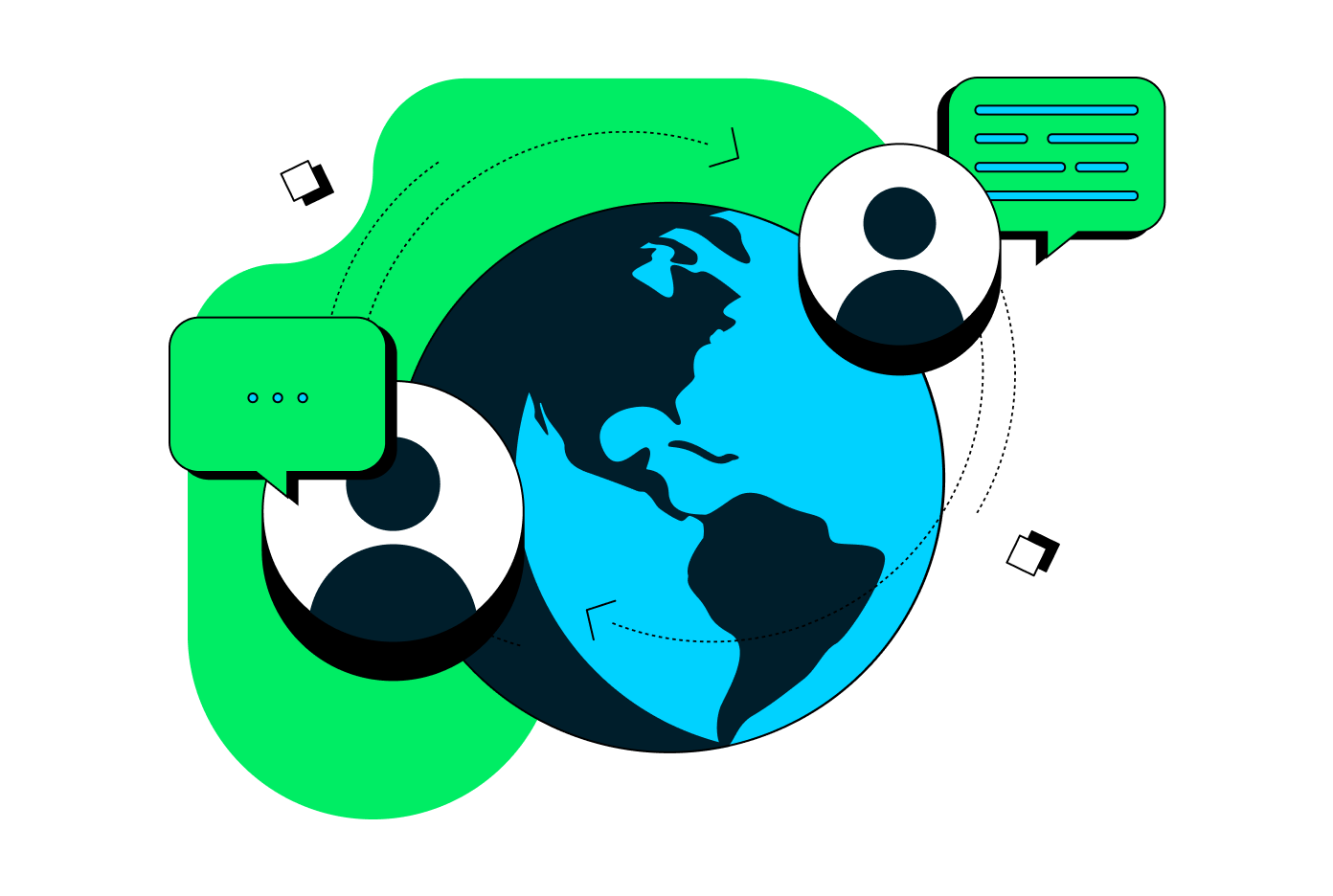 Un'illustrazione delle icone dei partner che comunicano intorno al pianeta Terra.
