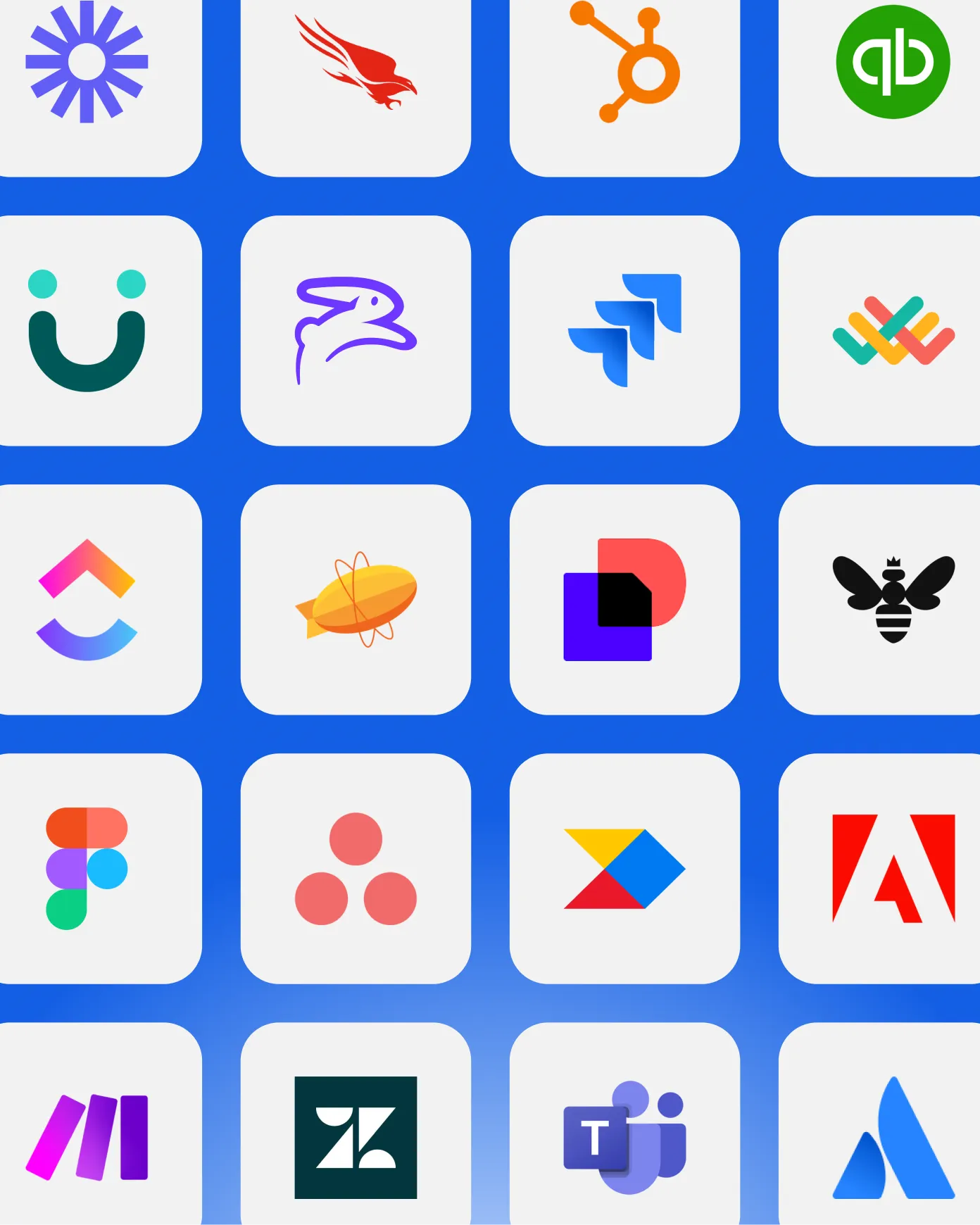Grid of SaaS app logos including HubSpot, Jira, Figma, Asana, Adobe, and Microsoft Teams illustrating broad Trelica integrations