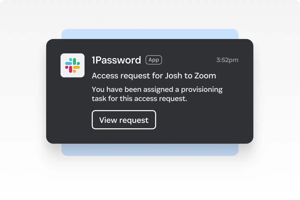 Slack notification from Trelica alerting an assignee about a Zoom access request that needs provisioning