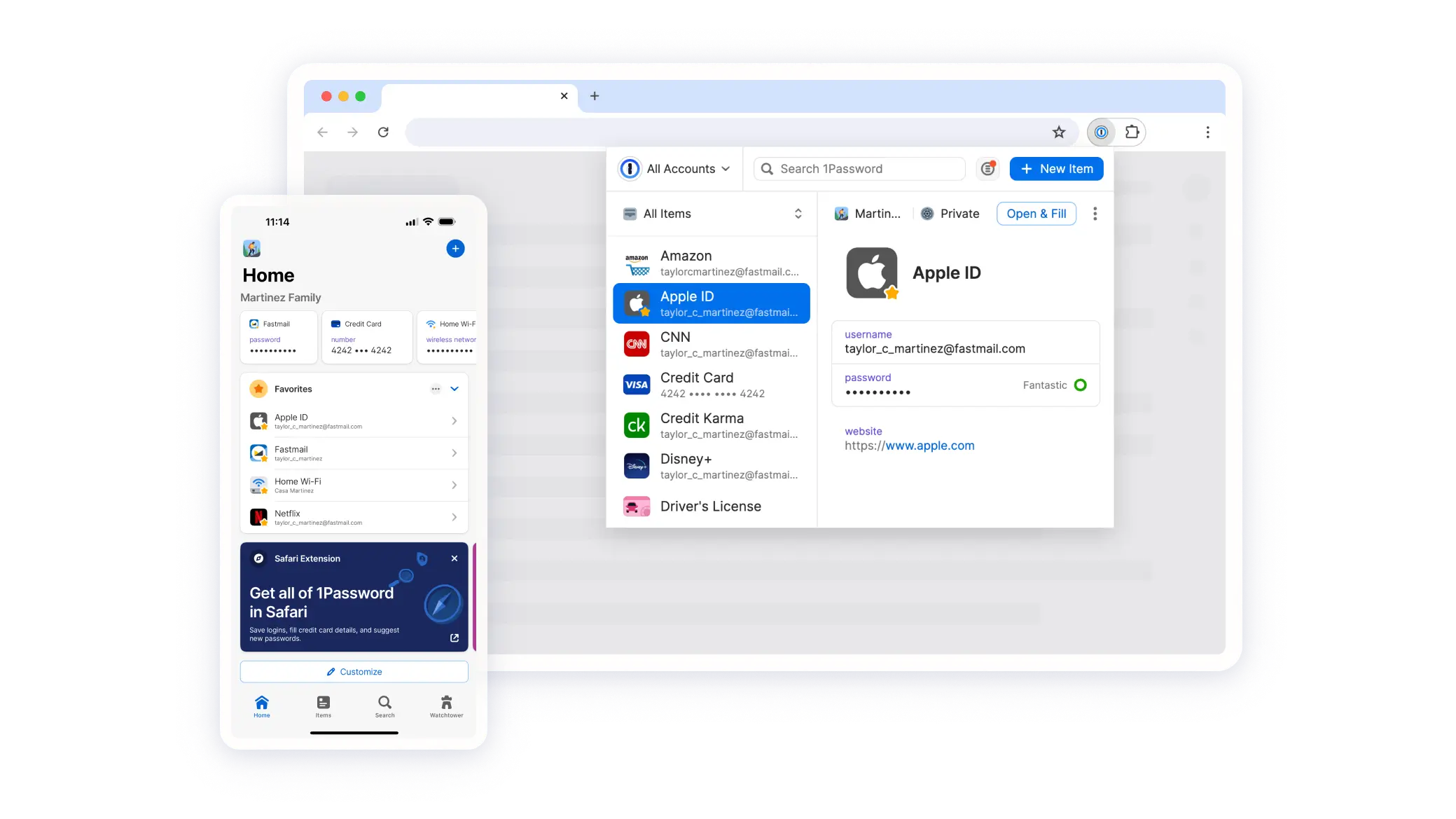 L'application 1Password s'affiche sur un téléphone portable et sur un ordinateur. La tablette montre l'écran d'accueil avec des éléments sauvegardés comme les mots de passe, les cartes de crédit et les informations Wi-Fi. Les favoris comme Netflix sont répertoriés ensuite. La tablette affiche une liste d'identifiants, y compris Apple. Les détails du compte Apple ID sont sélectionnés et affichés, avec le nom d’utilisateur et un indicateur de niveau de mot de passe intitulé « Fantastique ».