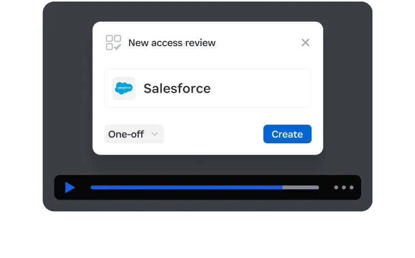 New access review dialog for Salesforce with a one-off option and a create button.