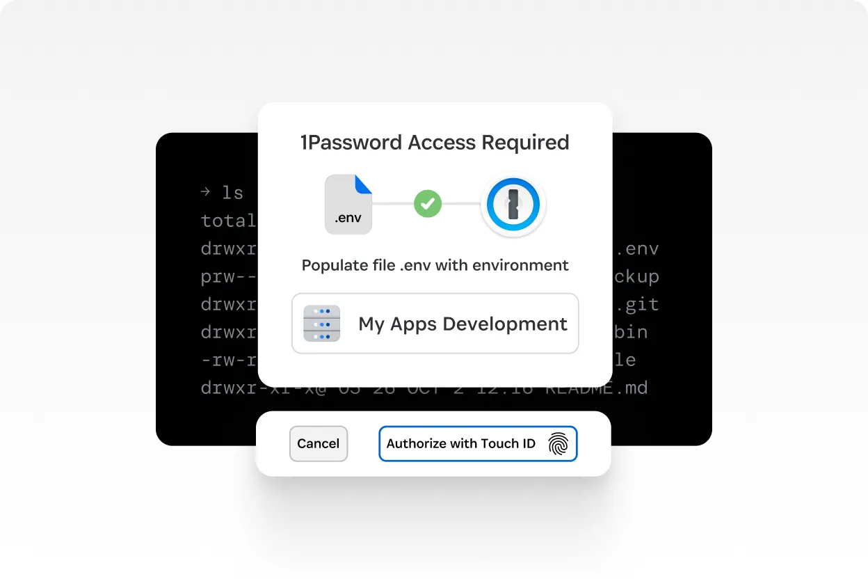 1Password Access Required prompt to populate a .env file from a vault, with an option to authorize using Touch ID.