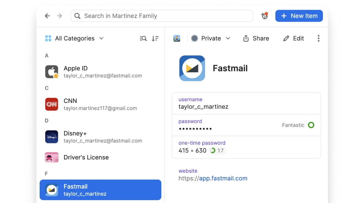 1Password vault view showing a login item with username, masked password, and one-time password.